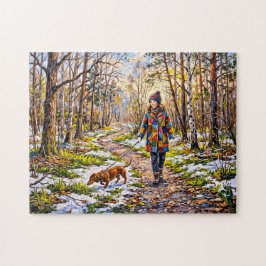 Dackel läuft auf sonnigem, schneebedecktem Waldweg Puzzle