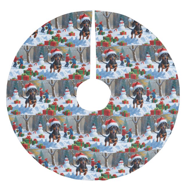 Dackel läuft im Schnee mit Weihnachtshut Polyester Weihnachtsbaumdecke (Vorderseite)