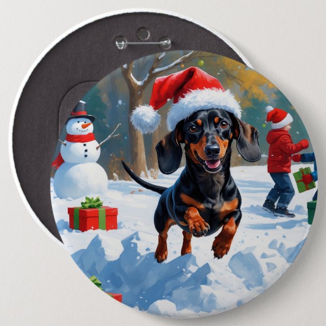 Dackel läuft im Schnee mit Weihnachtsmütze Button (Vorne & Hinten)