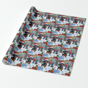 Dackel läuft im Schnee mit Weihnachtsmütze Geschenkpapier