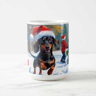 Dackel läuft im Schnee mit Weihnachtsmütze Kaffeetasse