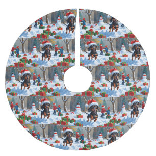 Dackel läuft im Schnee mit Weihnachtsmütze Polyester Weihnachtsbaumdecke
