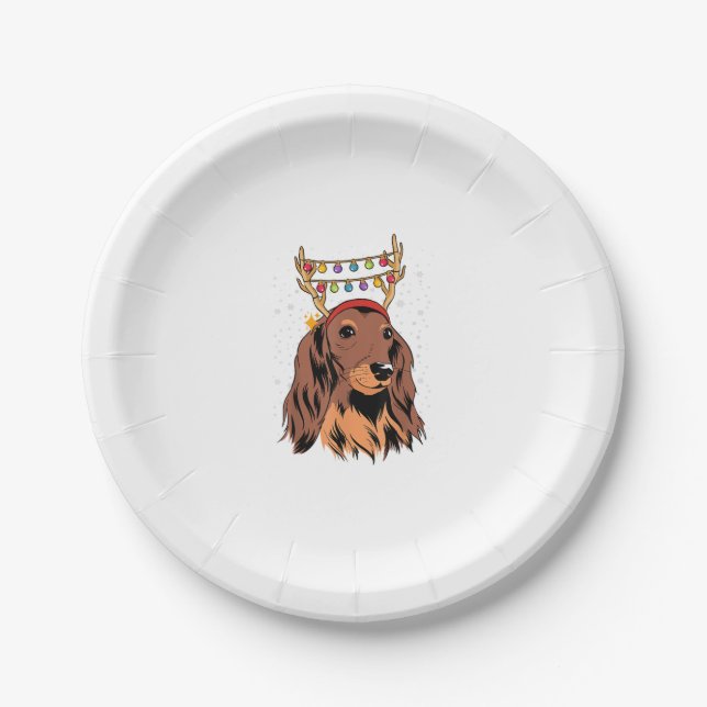 Dackel Long Hair Rentier Weihnachtsbaumleuchten Pappteller (Vorderseite)