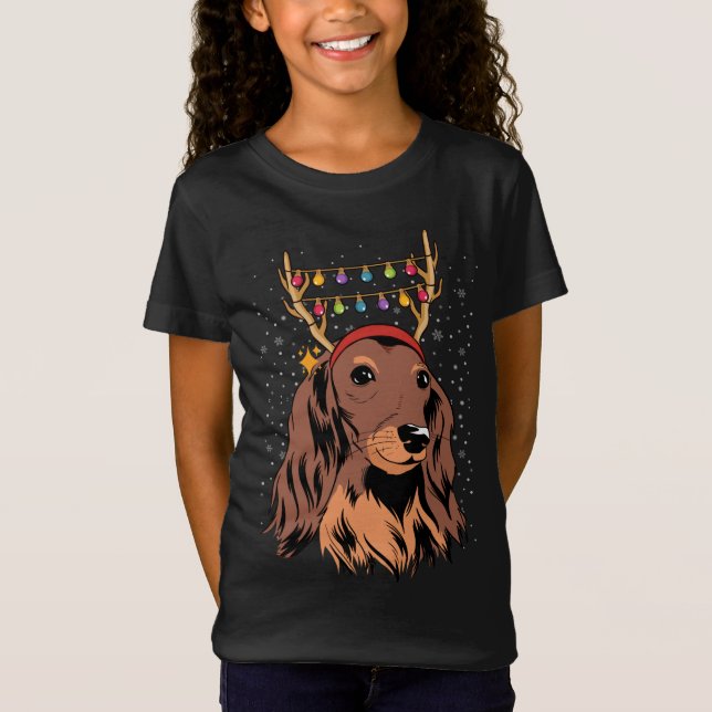 Dackel Long Hair Rentier Weihnachtsbaumleuchten T-Shirt (Vorderseite)