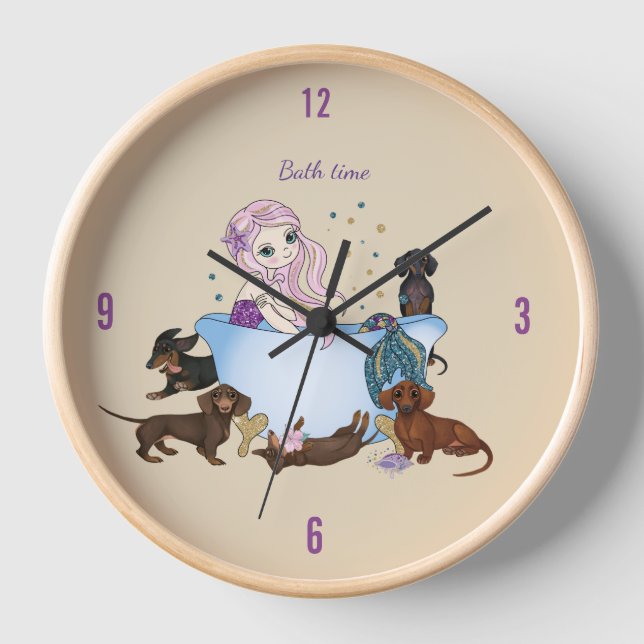 Dackel Mermaid Bath Time Wall Clock Uhr (Vorderseite)