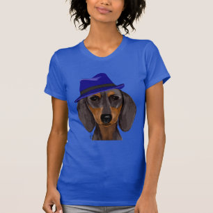 Dackel mit blauem Trilby T-Shirt