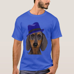 Dackel mit blauem Trilby T-Shirt