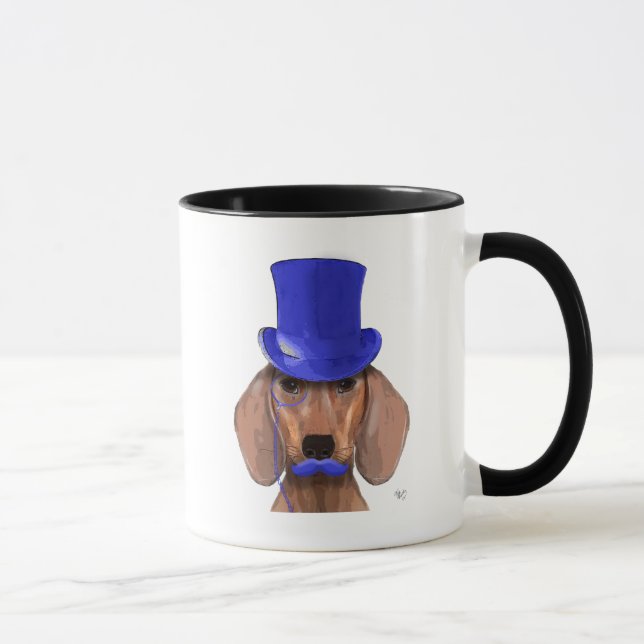 Dackel mit Blue Top Hat und Blue Mustache Tasse (Rechts)