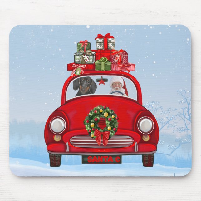 Dackel mit dem Weihnachtsmann im Auto Mousepad (Vorne)