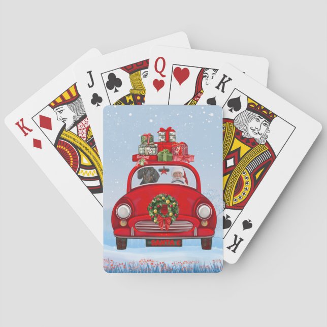 Dackel mit dem Weihnachtsmann im Auto Spielkarten (Rückseite)