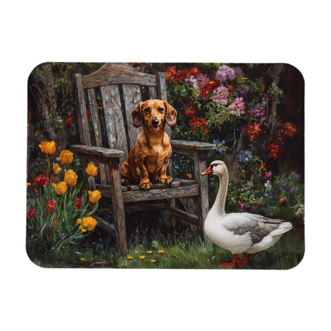 Dackel mit Gans im Garten Magnet (Horizontal)