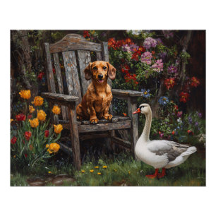 Dackel mit Gans im Garten Poster