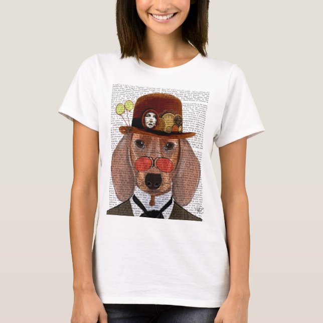 Dackel mit Steampunk Bowler Hat T-Shirt (Vorderseite)