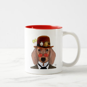 Dackel mit Steampunk Bowler Hat Zweifarbige Tasse
