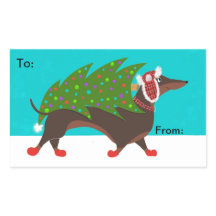 Dackel mit Weihnachtsbaum-Geschenksticker Lable