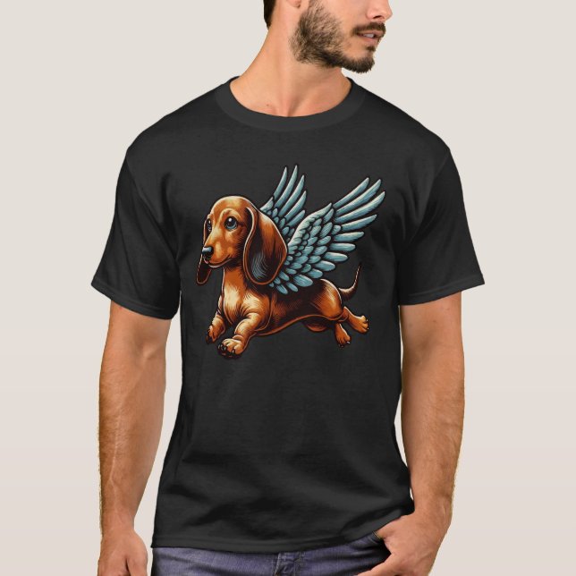 Dackel mit Wings Retro Artwork Hund mit Flügeln T-Shirt (Vorderseite)
