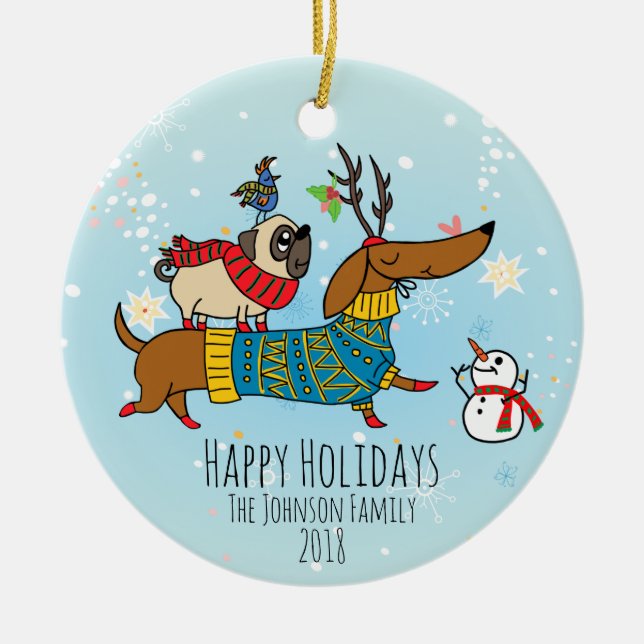 Dackel, Mops & Bird Holiday Keramik Ornament (Vorne)