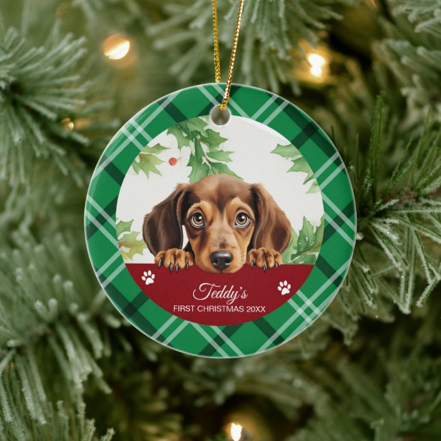 Dackel Personalisiert Erste Weihnachten Keramik Ornament (Baum)