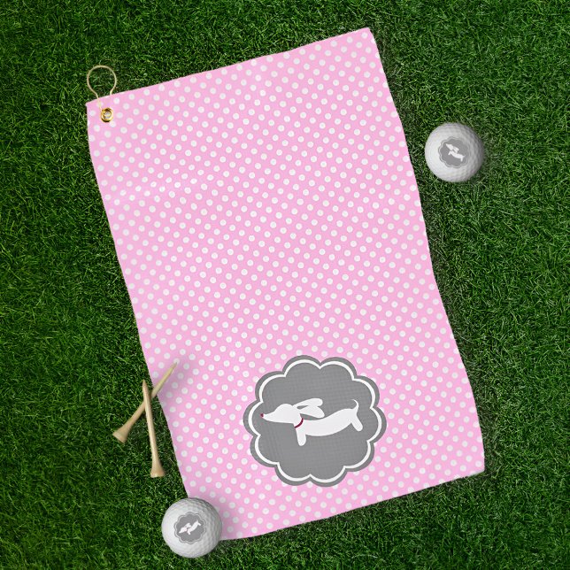 Dackel Pink Polka Dot Golf Handtuch für Dackel Mam (Pink polka dot dachshund golf towel - for doxie moms who love to add a splash of doxie style.)