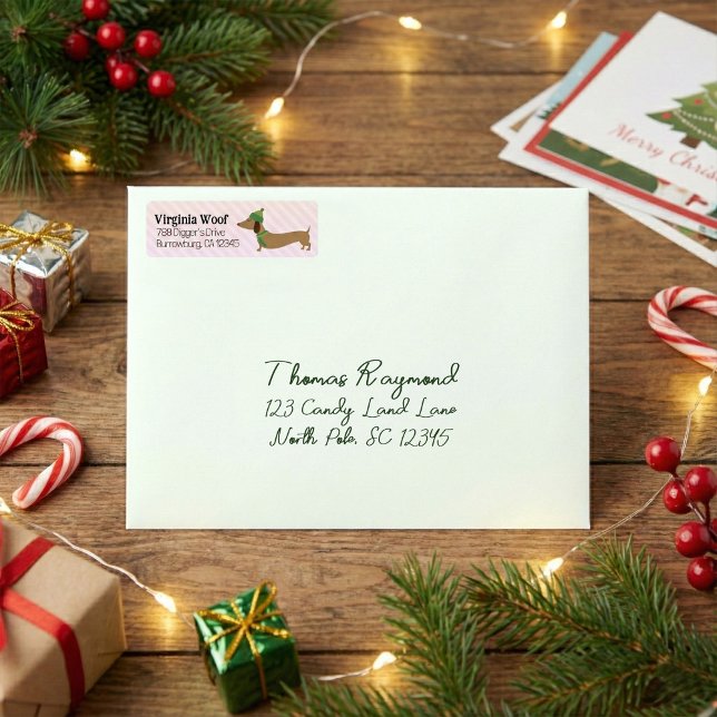 Dackel Pink Weihnachtskarte Adressetiketten (Dachshund Winter Christmas return address labels)