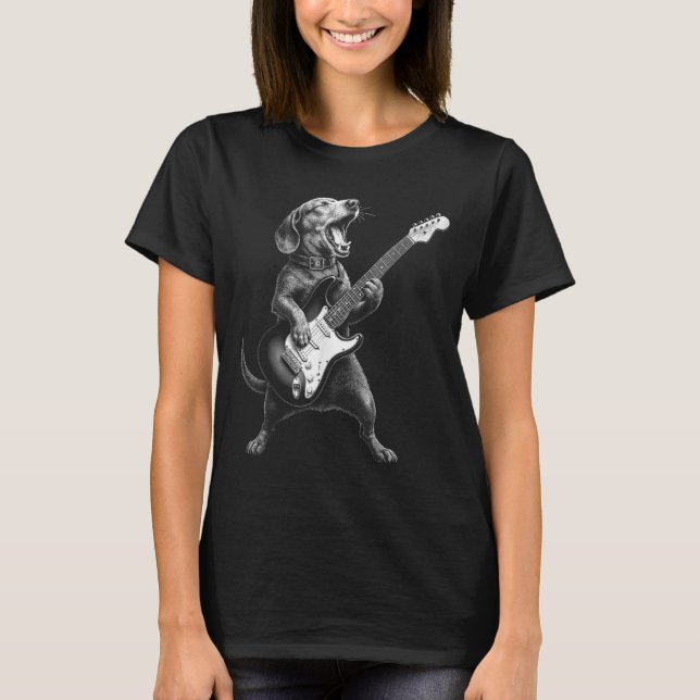 Dackel Playing Gitarre Rock Star Rock &amp; Roll T-Shirt (Vorderseite)