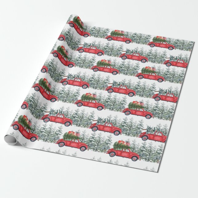 Dackel Red Car Winterforest Pattern Geschenkpapier (Ungerollt)