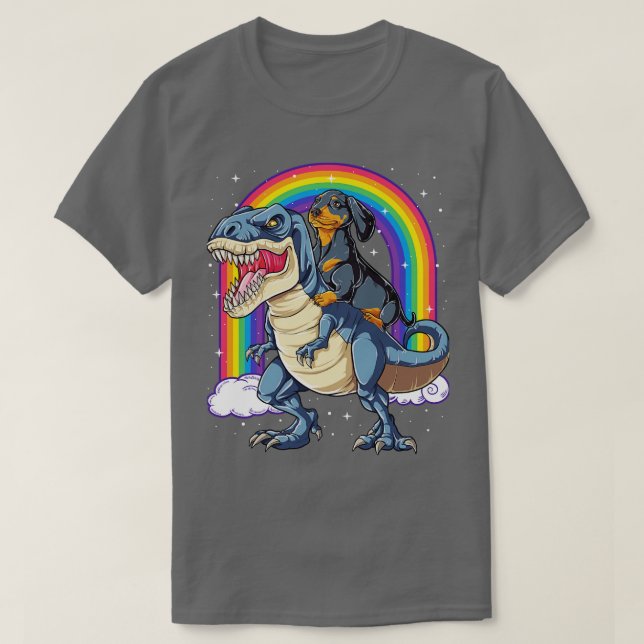 Dackel Riding Dinosaur T rex für Männer Frauen Jun T-Shirt (Design vorne)
