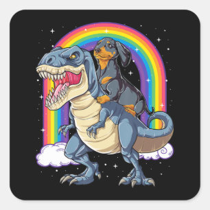 Dackel Riding Dinosaur T Rex Geschenke Jungen Kind Quadratischer Aufkleber