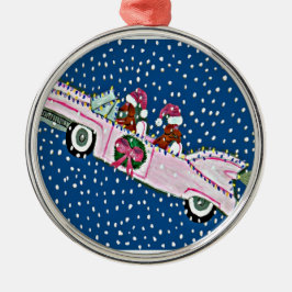 Dackel-Sankt-Weihnachtsrosa Cadillac Silbernes Ornament