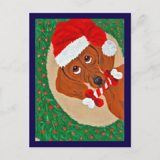 Dackel Santa schaut durch den Kranz Postkarte