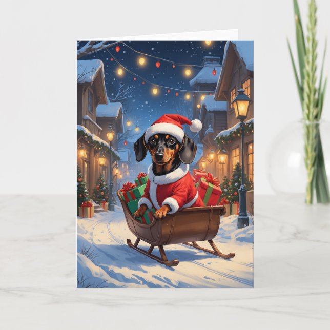 Dackel Santa Sleigh Karte (Vorderseite)