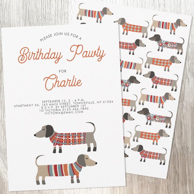 Dackel Sausage Hund Geburtstag Pawty Einladung (Fun Dachshund Wiener Sausage Dog personalized custom text birthday party pawty invitation)