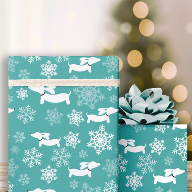Dackel Schneeflocken Aquamarine Weihnachtsgeschenk Geschenkpapier (Dachshund Christmas wrapping paper - snowflakes and doxies)
