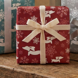 Dackel Schneeflocken Rotes Wrackpapier Weihnachten Geschenkpapier