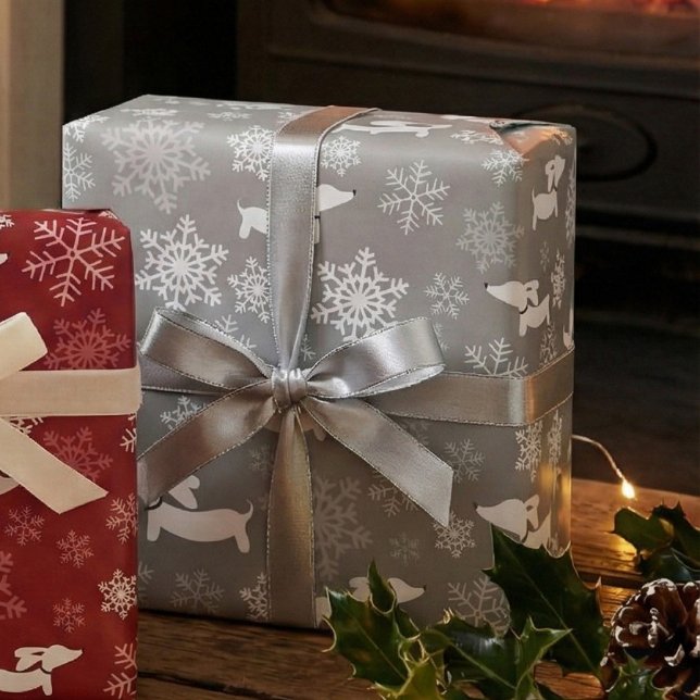 Dackel Schneeflocken Silberes Weihnachtsgeschenk W Geschenkpapier (Von Creator hochgeladen)