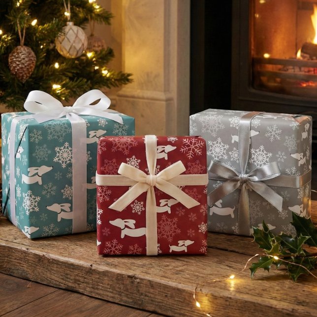 Dackel Schneeflocken Weihnachten Silber Rot & Aqua Geschenkpapier Set (Three colors of dachshund snowflake gift wrap - doxie wrapping Christmas paper)