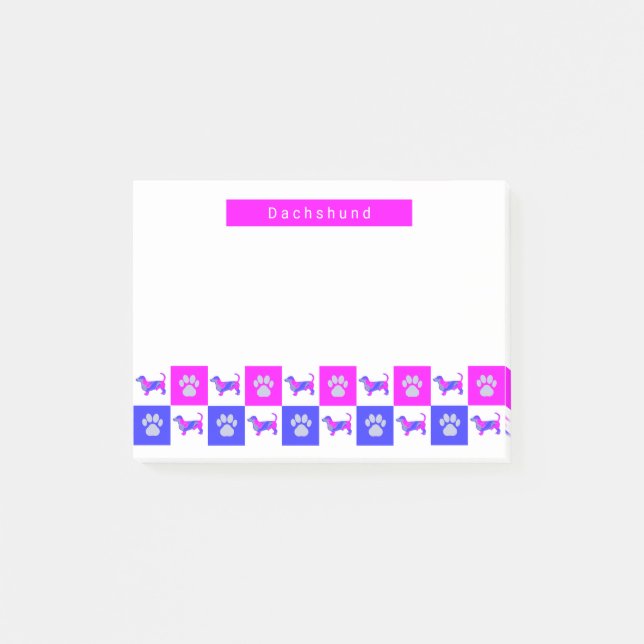Dackel Silhouette Dog & Paw Hot Pink & Blue Post-it Klebezettel (Vorderseite)