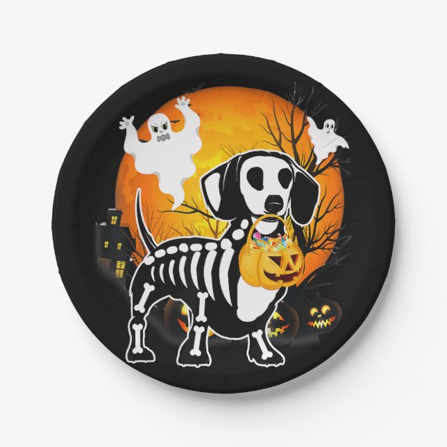 Dackel Skeleton Halloween Happy Pumpkin Geschenk Pappteller (Vorderseite)