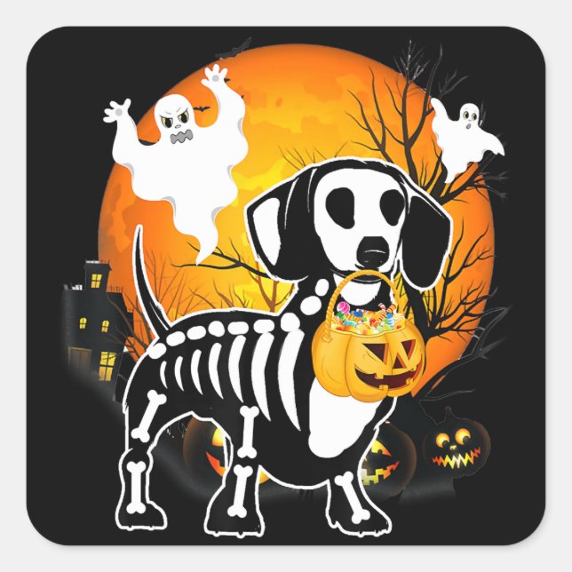 Dackel Skeleton Halloween Happy Pumpkin Geschenk Quadratischer Aufkleber (Vorderseite)
