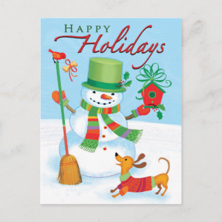 Dackel Snowman Happy Holidays Red Bird Postkarte