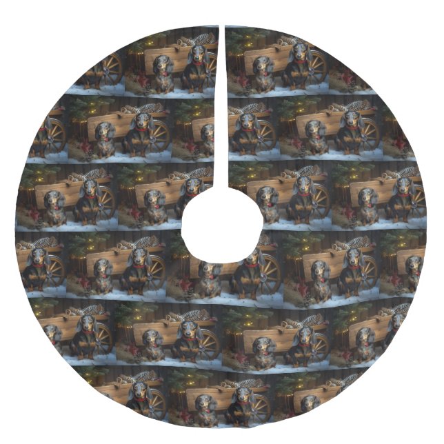 Dackel Snowy Sleigh Weihnachtsdekor Polyester Weihnachtsbaumdecke (Vorderseite)