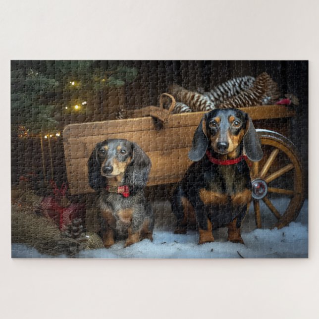 Dackel Snowy Sleigh Weihnachtsdekor Puzzle (Horizontal)