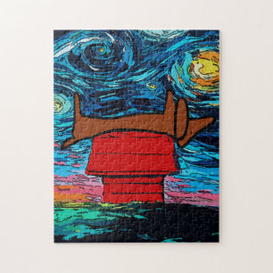 Dackel Starry Night auf Dach Puzzle