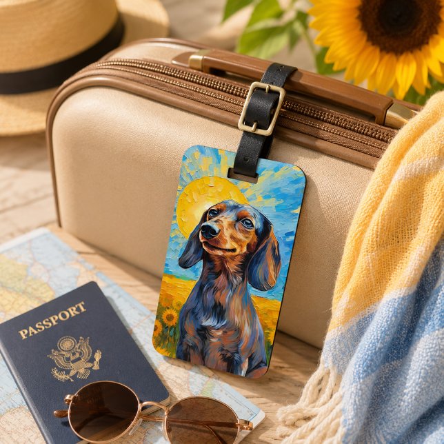 Dackel Sunshine & Sunflowers Van Gogh Style Gepäckanhänger (Dachshund Sunshine & Sunflowers Van Gogh Style Luggage Tag)