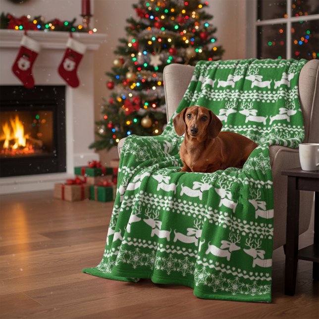 Dackel Ugly Sweater Schneeflocken Fleecedecke (Green Nordic Dachshund Blanket for Christmas)