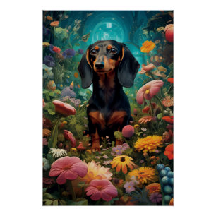 Dackel umgeben von verschiedenen Blume Poster