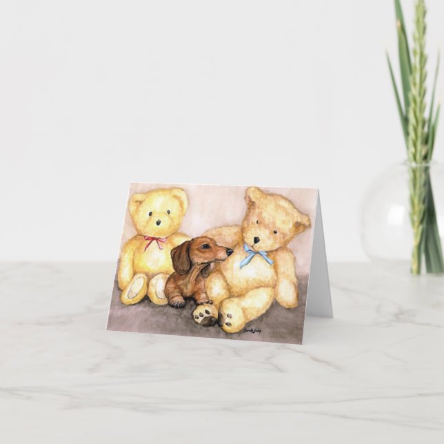 "Dackel und Bärenfreunde" Hunde Art Notecard Karte (Vorderseite)