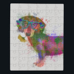 Dackel und Gläser Rainbow Splash Puzzle<br><div class="desc">Dieses Aquarellbild zeichnet sich durch ein farbenfrohes Bild eines Datschundes in aquamarinen Gläsern aus,  die in Blume verziert sind | Von Fab Funky</div>