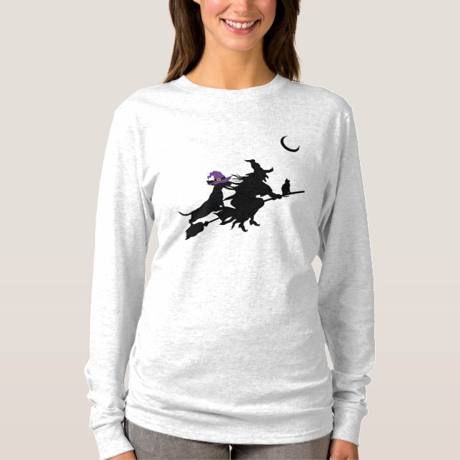 Dackel und Hexe Silhouette Halloween Shirt (Vorderseite)