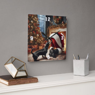 Dackel und Weihnachtsmann  Quadratische Wanduhr